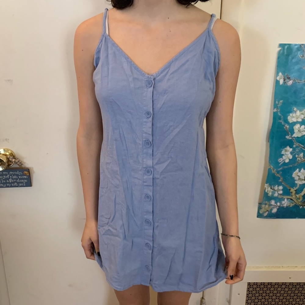 Baby Blue button down linen feel summer spaghetti strap dress